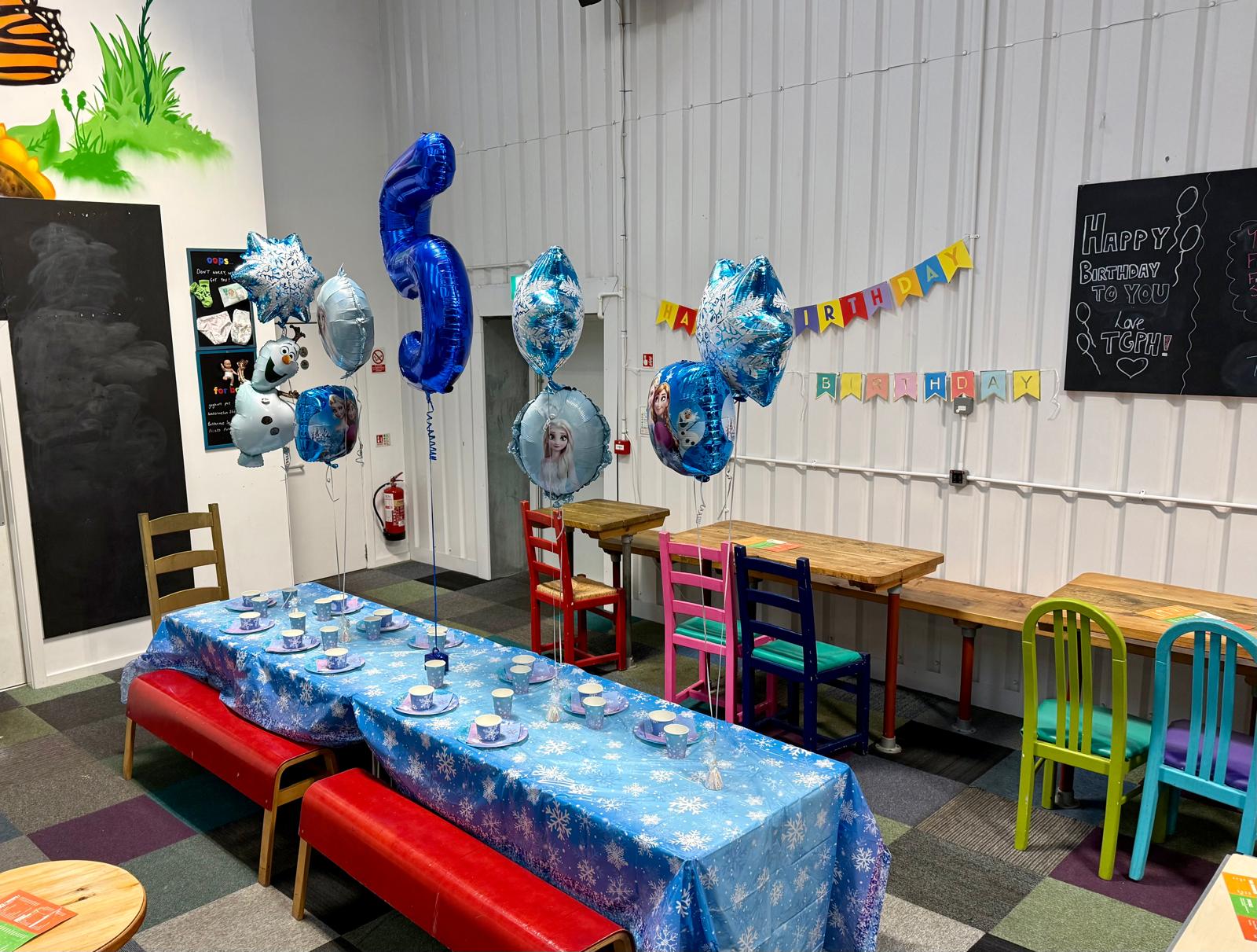 Birthday party table setup at The Green Playhouse