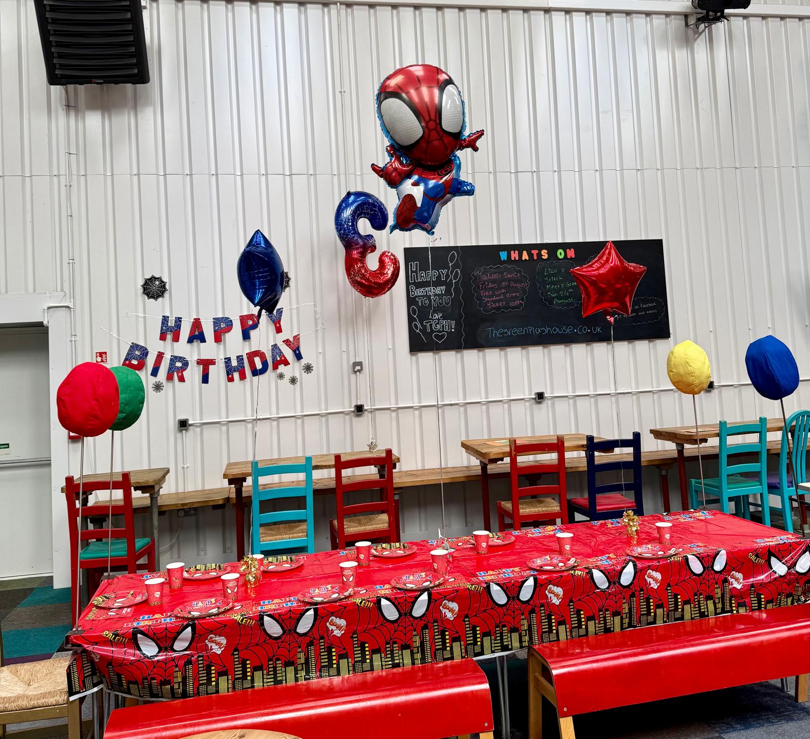 Birthday party table setup at The Green Playhouse